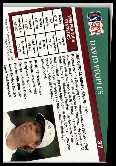 Golf Singles 1991 Pro Set PGA Tour #37 David Peoples