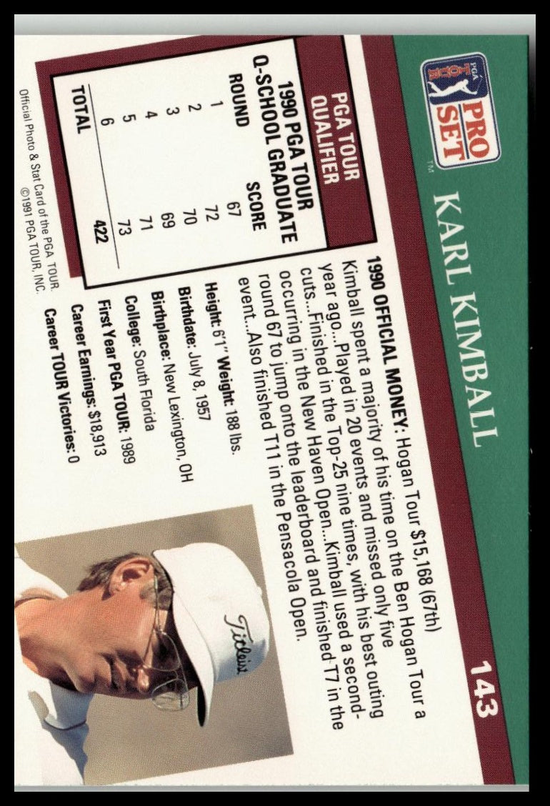 Golf Singles 1991 Pro Set PGA Tour #143 Karl Kimball