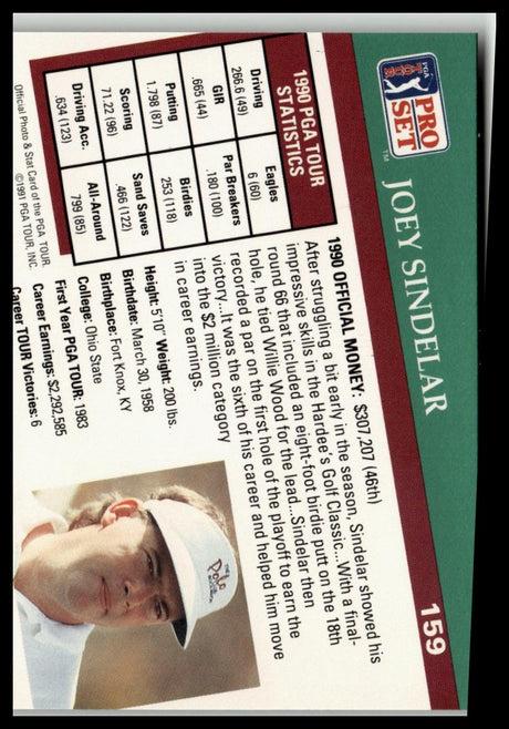 Golf Singles 1991 Pro Set PGA Tour #159 Joey Sindelar