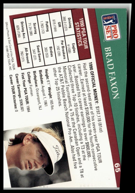 Golf Singles 1991 Pro Set PGA Tour #65 Brad Faxon