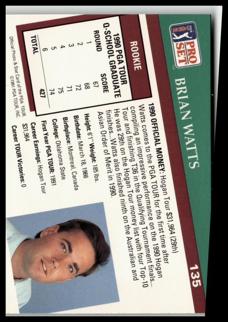 Golf Singles 1991 Pro Set PGA Tour #135 Brian Watts