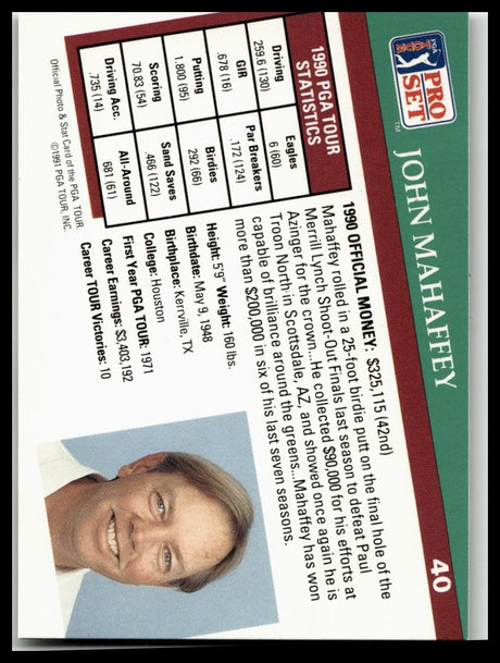 Golf Singles 1991 Pro Set PGA Tour #40 John Mahaffey