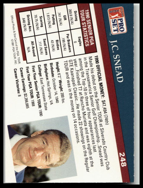 Golf Singles 1991 Pro Set PGA Tour [248 J.C. Snead