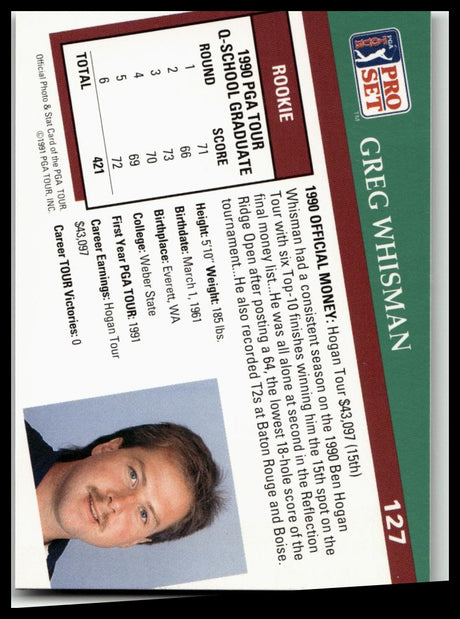 Golf Singles 1991 Pro Set PGA Tour #127 Greg Whisman