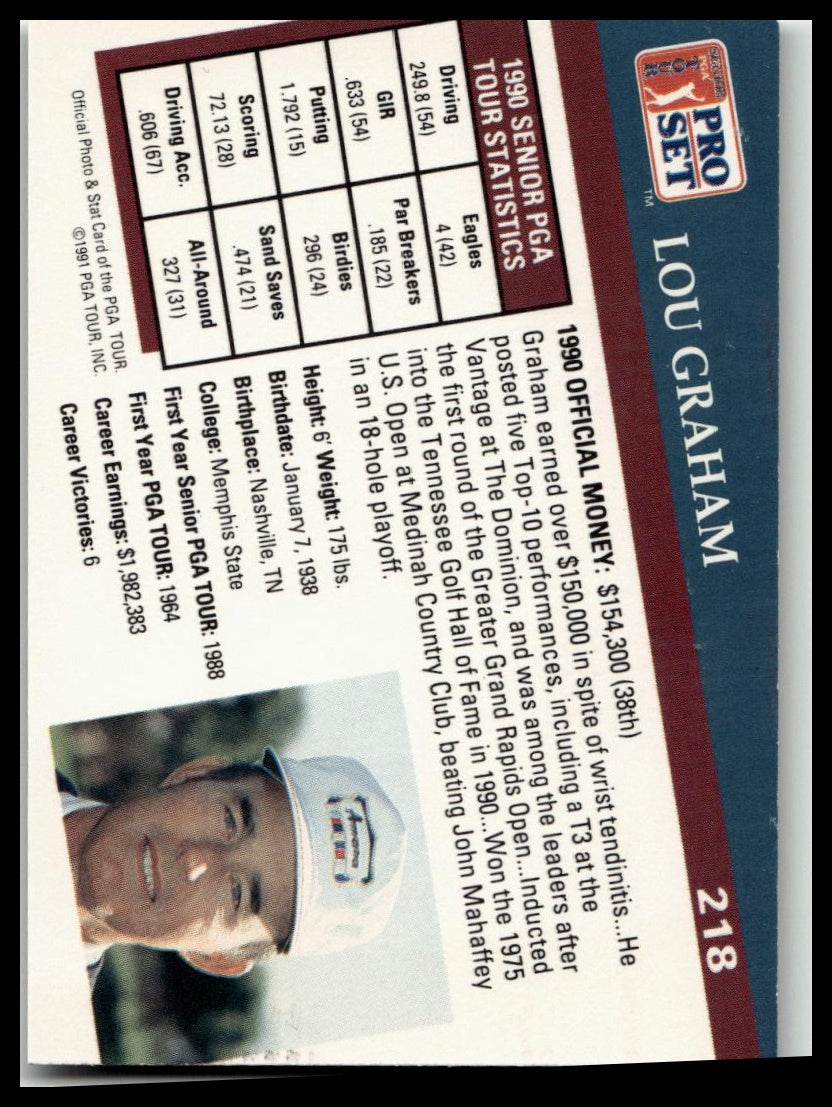 Golf Singles 1991 Pro Set PGA Tour #218 Lou Graham
