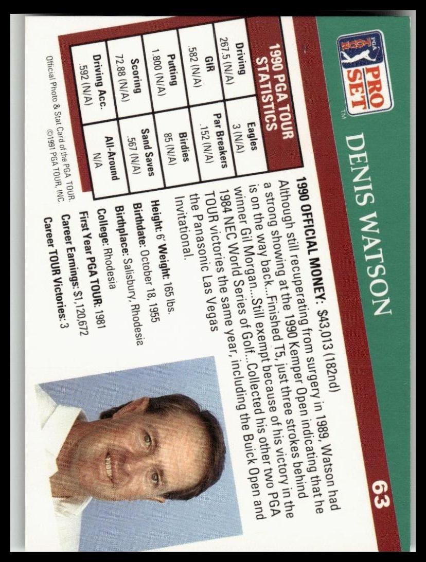 Golf Singles 1991 Pro Set PGA Tour #63 Denis Watson