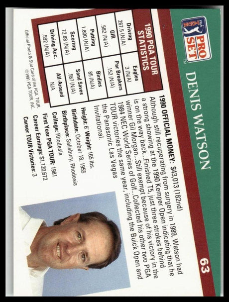 Golf Singles 1991 Pro Set PGA Tour #63 Denis Watson