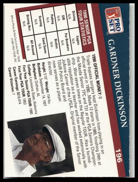Golf Singles 1991 Pro Set PGA Tour #196 Gardner Dickinson
