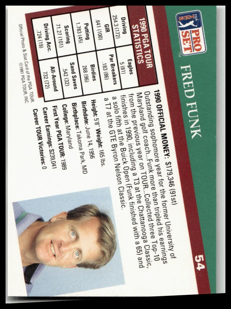 Golf Singles 1991 Pro Set PGA Tour #54 Fred Funk