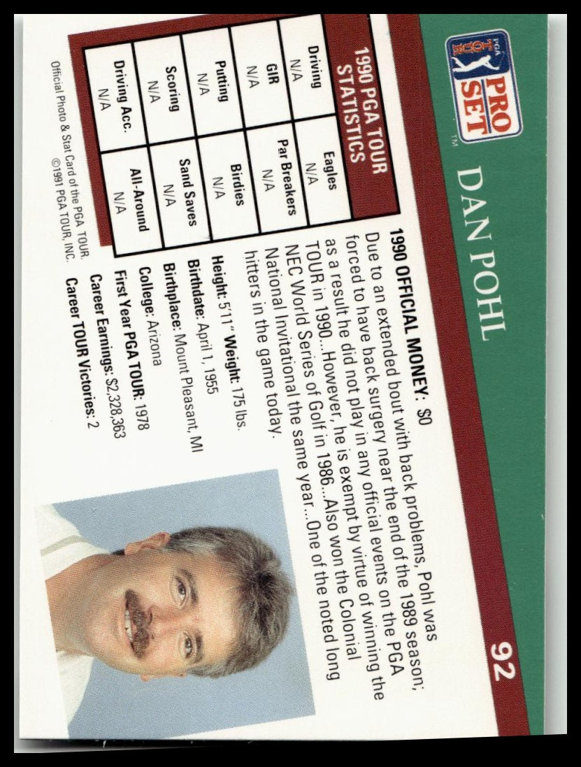 Golf Singles 1991 Pro Set PGA Tour #92 Dan Pohl
