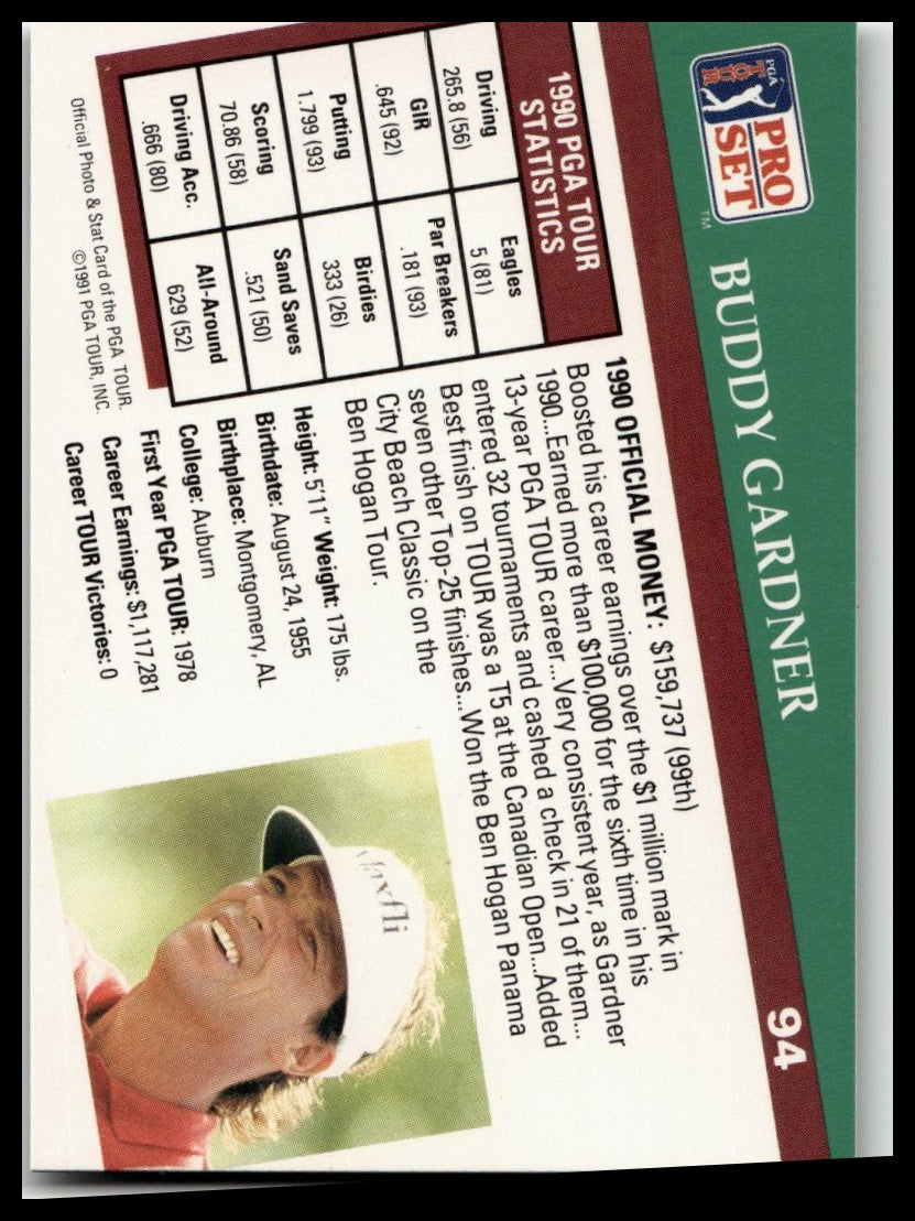 Golf Singles 1991 Pro Set PGA Tour #94 Buddy Gardner