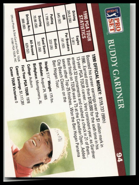 Golf Singles 1991 Pro Set PGA Tour #94 Buddy Gardner