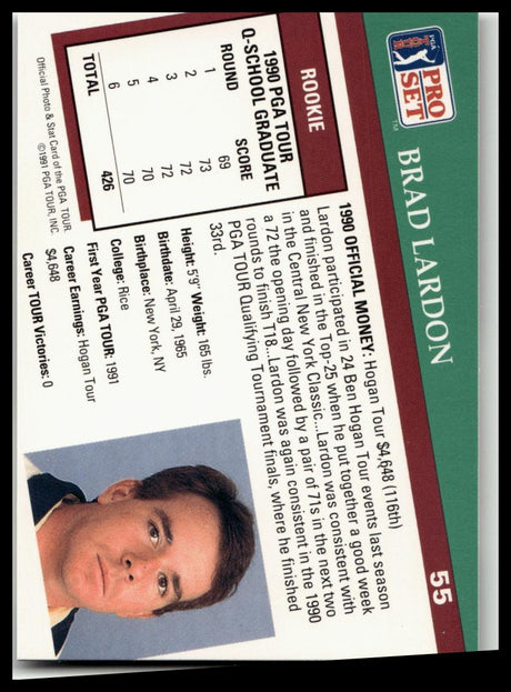 Golf Singles 1991 Pro Set PGA Tour #55 Brad Lardon