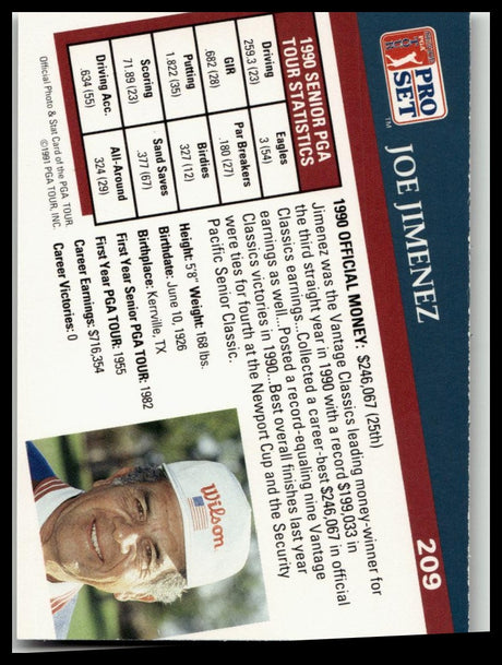 Golf Singles 1991 Pro Set PGA Tour #209 Joe Jimenez