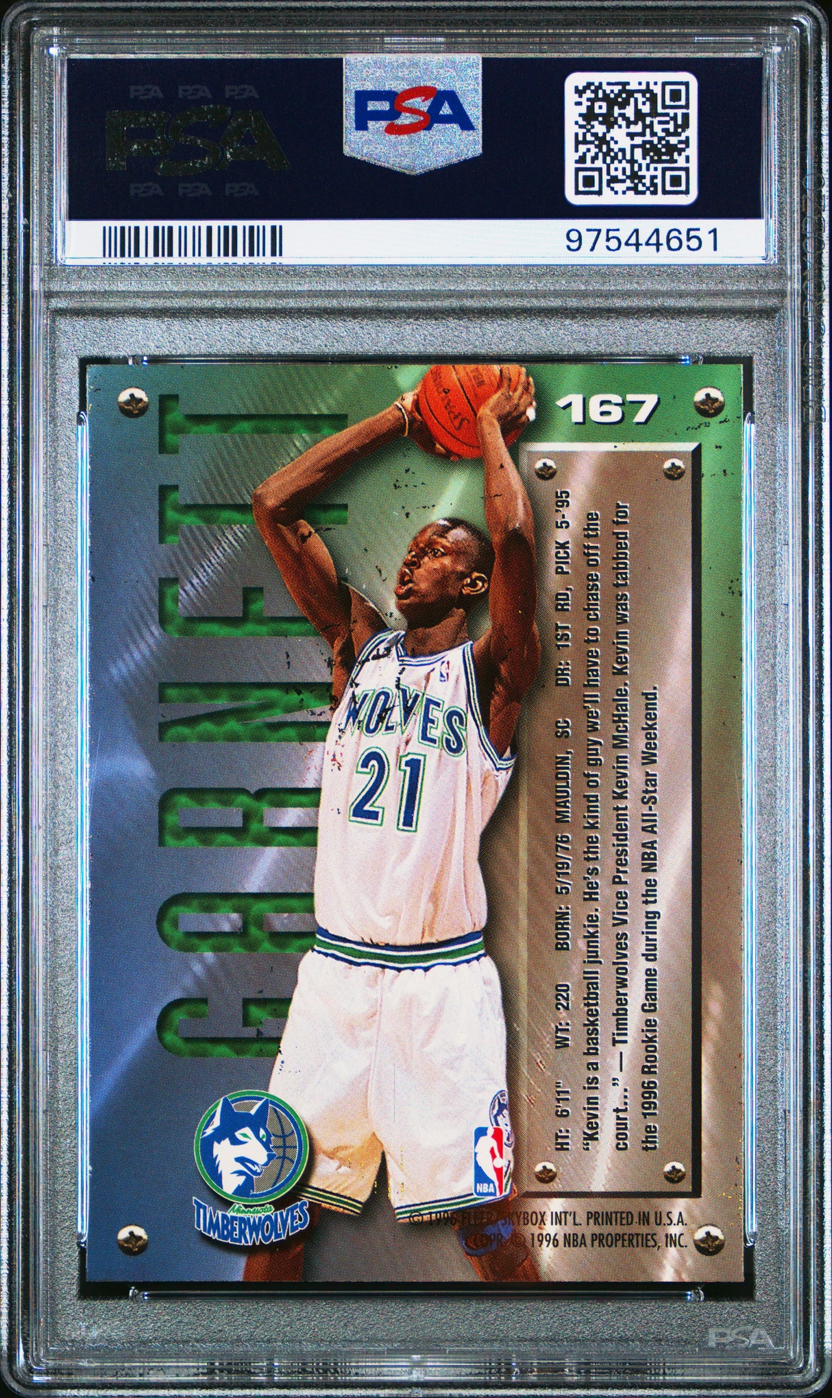 NBA Graded Card 1995 Metal #167 Kevin Garnett PSA 7