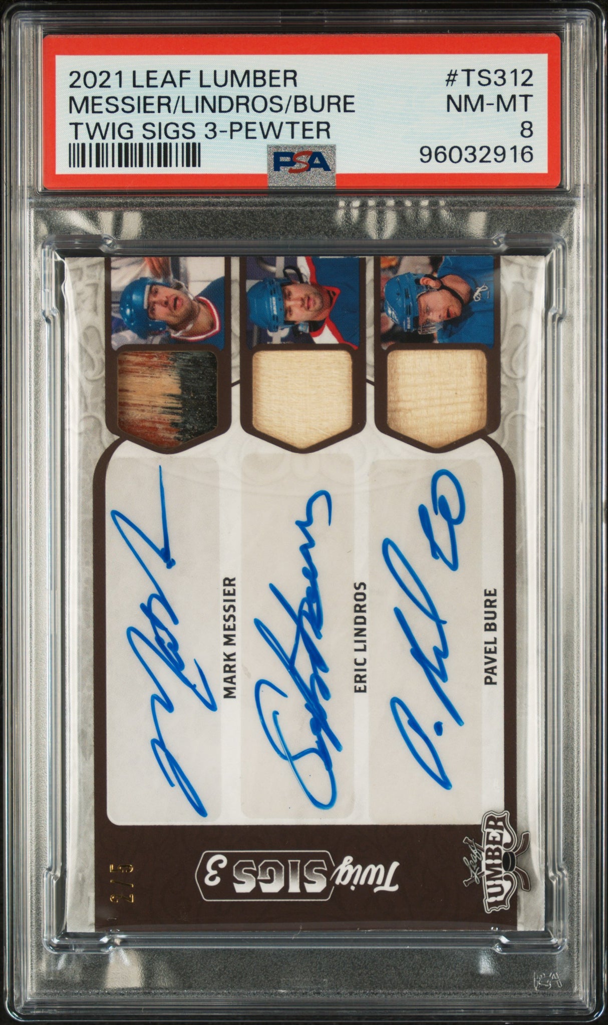 NHL Graded Card 2021 Leaf Lumber Twig Sigs 3 #TS312 Messier/Lindros/Bure Twig Sigs 3-Pewter PSA 8