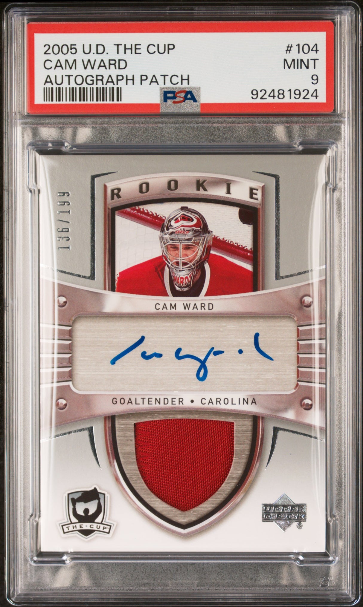 NHL Graded Card 2005 Upper Deck The Cup #104 Cam Ward Autograph Patch PSA 9