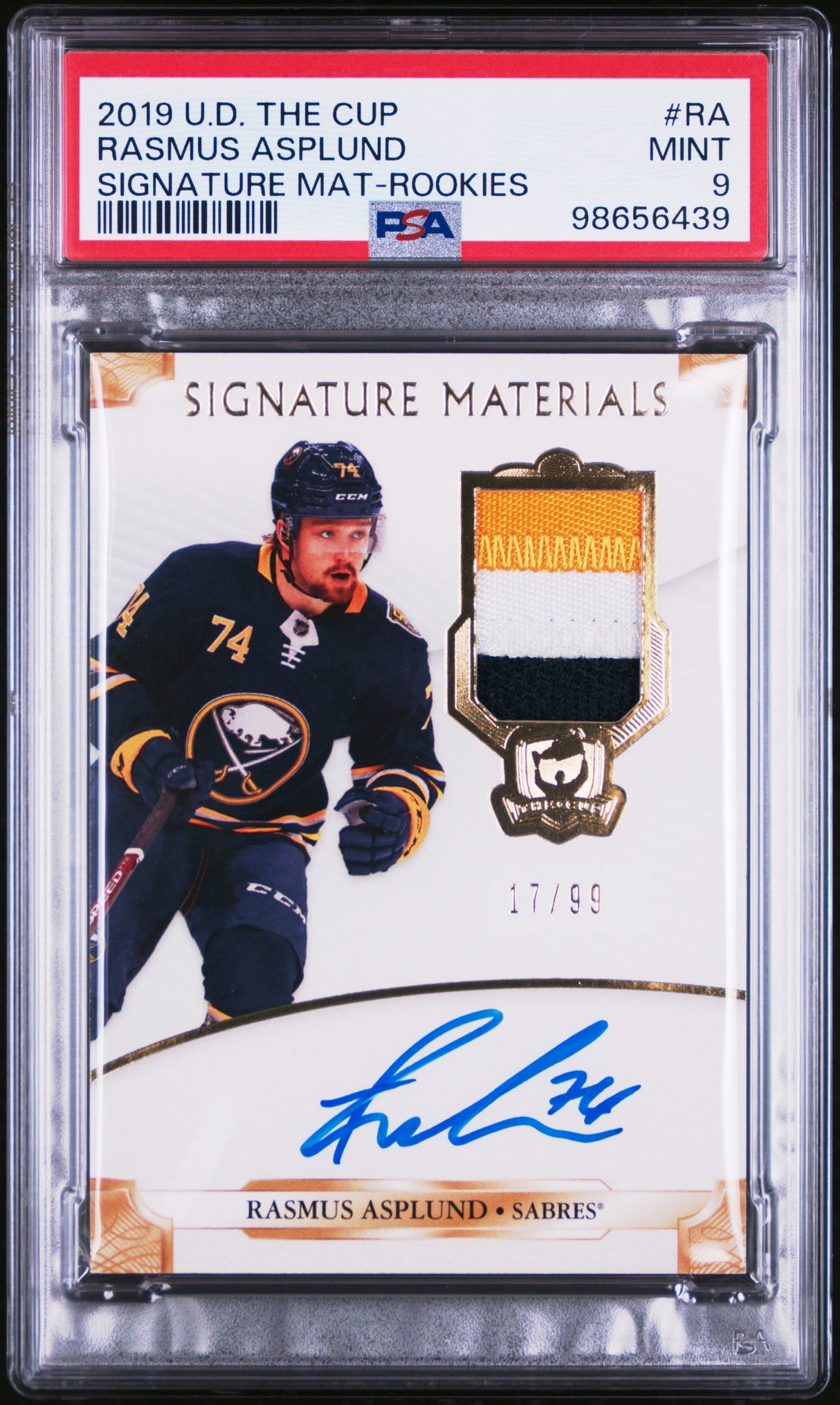NHL Graded Card 2019 Upper Deck The Cup Signature Materials #RA Rasmus Asplund Rookies PSA 9
