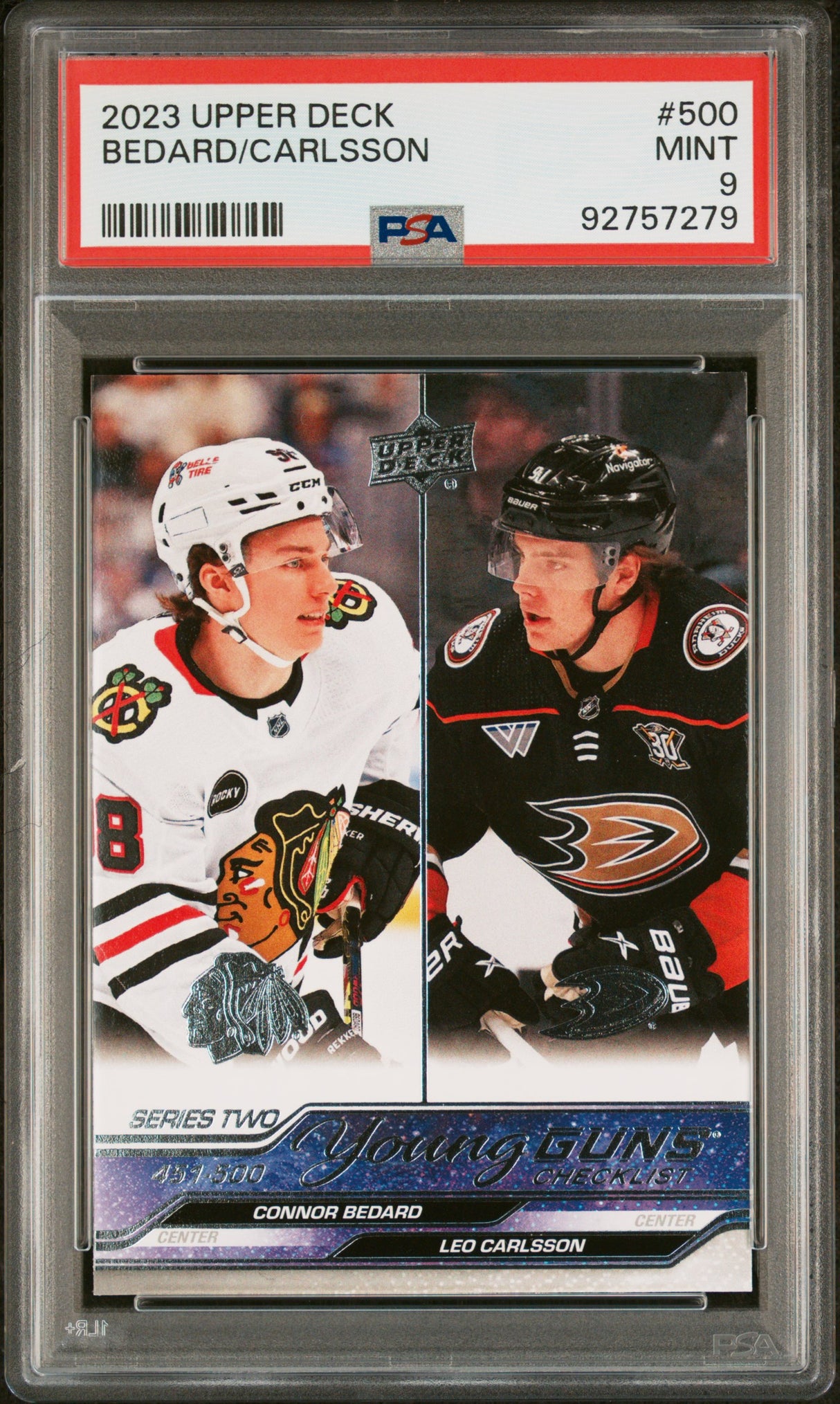 NHL Graded Card 2023 Upper Deck #500 Bedard/Carlsson PSA 9