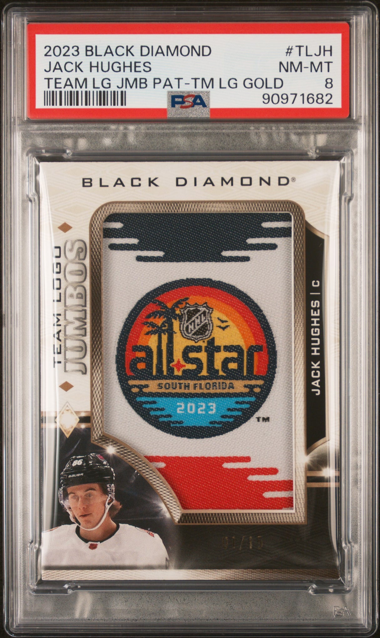 NHL Graded Card 2023 Upper Deck Black Diamond Team Logo Jumbo Patches #TLJH Jack Hughes Gold PSA 8