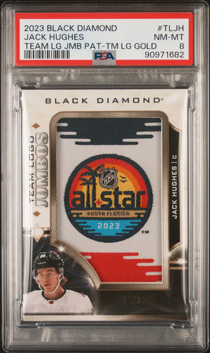 NHL Graded Card 2023 Upper Deck Black Diamond Team Logo Jumbo Patches #TLJH Jack Hughes Gold PSA 8