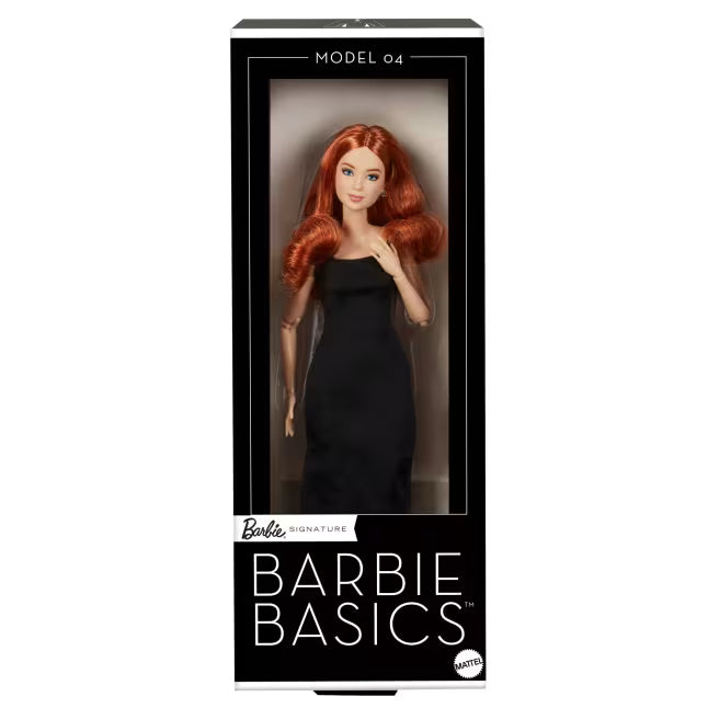 Barbie Basics Collectible Doll (04) with Red Curly Hair, Black Dress & Platform