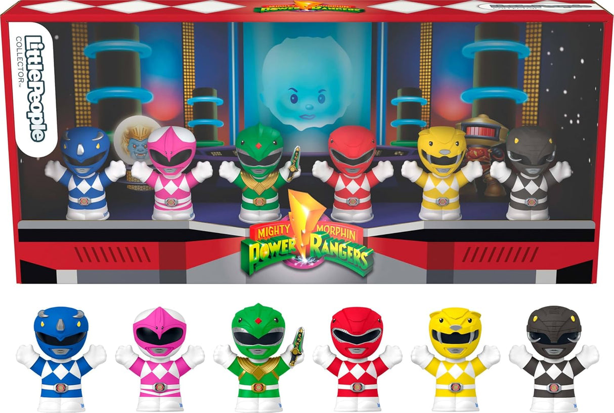 6 small Mighty Morphin Power Rangers figures and playset