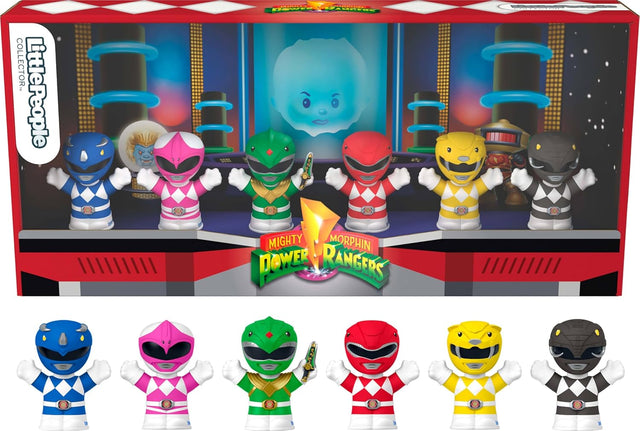 6 small Mighty Morphin Power Rangers figures and playset