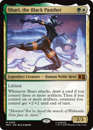 MSH Wakanda Forever Commander Deck contents spread out showing 100 cards, tokens and life tracker