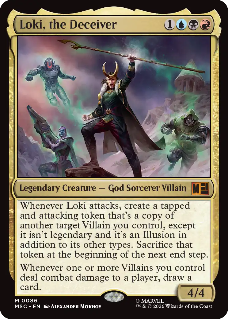 MSH Doom Prevails Commander Deck contents spread out showing 100 cards, tokens and life tracker