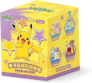 A yellow and purple Pokémon 'Pikachu and Its Friends' blind box featuring illustrations of Pikachu and four different character figures on the sides, set against a plain white background.