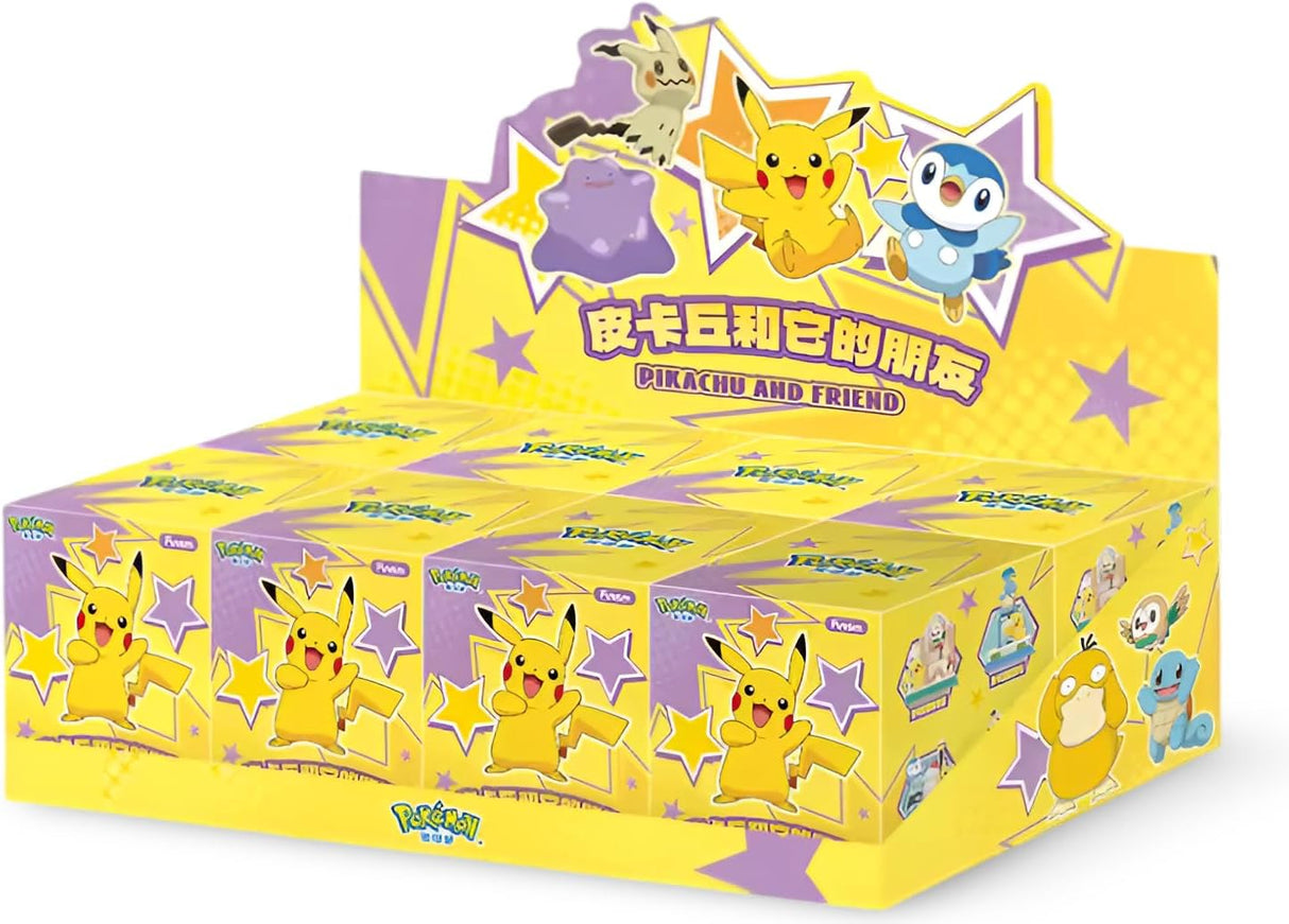 A yellow and purple Pokémon display box filled with multiple Pikachu blind boxes, featuring Pikachu, Eevee, and Piplup graphics on the packaging.